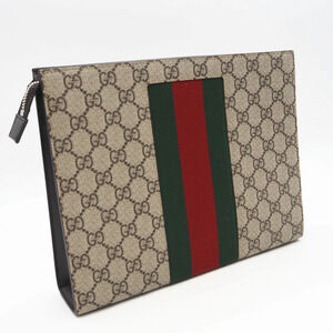 Gucci Sherry GG Supreme Clutch Bag Beige Brown Canvas Leather